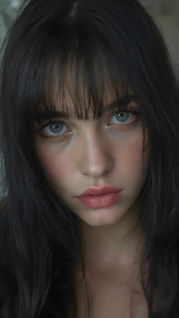 a cute, ((photo realistic)), ((innocent teen Emo girl)), ((long, straight jet black hair, bangs)), ((melancholic sad eyes)), ((depressed)), ((bummed out)), ((disappointed)), ((large cute determined red lips)), ((dark blue eyes)), ((black eye shadows)), (((black eyelids))), ((thick black brows)), (((gothic make-up))), ((detailed face)), ((realistic face)), ((matching faces)), ((perfect teeth)), ((looking into the camera))