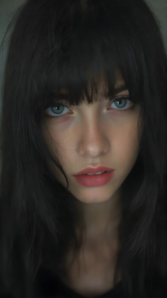 a cute, ((photo realistic)), ((innocent teen Emo girl)), ((long, straight jet black hair, bangs)), ((melancholic sad eyes)), ((depressed)), ((bummed out)), ((disappointed)), ((large cute determined red lips)), ((dark blue eyes)), ((black eye shadows)), (((black eyelids))), ((thick black brows)), (((gothic make-up))), ((detailed face)), ((realistic face)), ((matching faces)), ((perfect teeth)), ((looking into the camera))