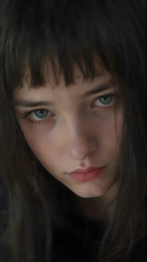 a cute, ((photo realistic)), ((innocent teen Emo girl)), ((long, straight jet black hair, bangs)), ((melancholic sad eyes)), ((depressed)), ((bummed out)), ((disappointed)), ((large cute determined red lips)), ((dark blue eyes)), ((black eye shadows)), (((black eyelids))), ((thick black brows)), (((gothic make-up))), ((detailed face)), ((realistic face)), ((matching faces)), ((perfect teeth)), ((looking into the camera))