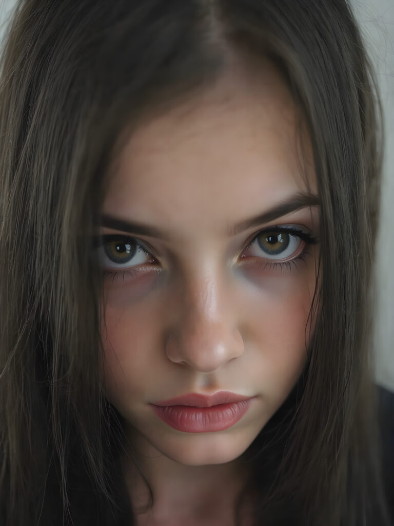 a cute, ((photo realistic)), ((realistic)), (((teen girl))), ((very long, straight jet black hair)), ((melancholic sad eyes)), ((depressed)), ((bummed out)), ((disappointed)), ((large cute determined red lips)), ((darkblue eyes)), ((black eyeshadows)), (((black eyelids))), ((thick black brows)), (((gothic make-up))), ((detailed face)), ((realistic face)), ((matching faces)), ((perfect teeth)), ((looking into the camera))