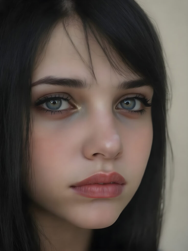 a cute, ((photo realistic)), ((realistic)), (((teen girl))), ((very long, straight jet black hair)), ((melancholic sad eyes)), ((depressed)), ((bummed out)), ((disappointed)), ((large cute determined red lips)), ((darkblue eyes)), ((black eyeshadows)), (((black eyelids))), ((thick black brows)), (((gothic make-up))), ((detailed face)), ((realistic face)), ((matching faces)), ((perfect teeth)), ((looking into the camera))