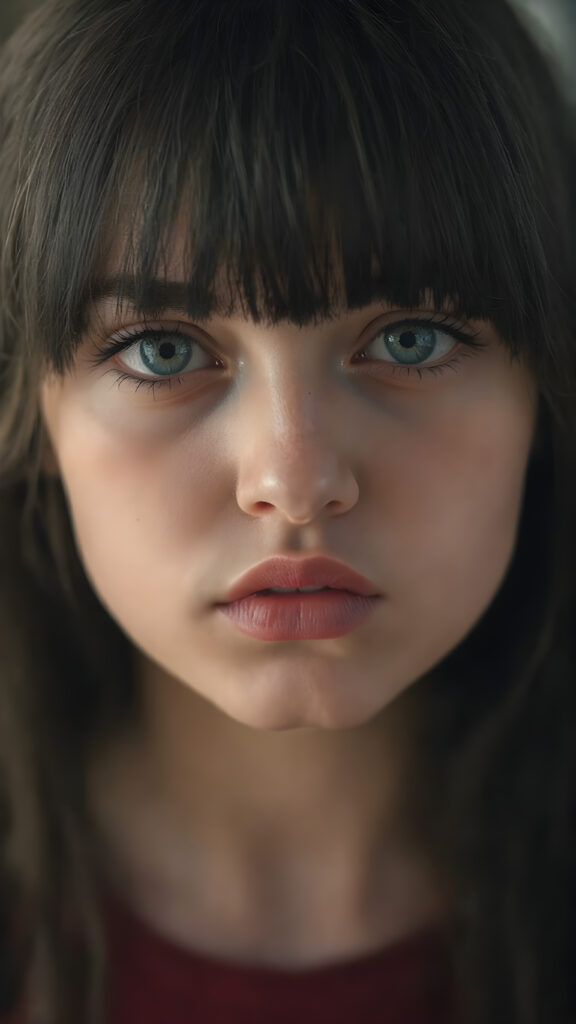 a cute, ((photo realistic)), ((innocent teen Emo girl)), ((long, straight jet black hair, bangs)), ((melancholic sad eyes)), ((depressed)), ((bummed out)), ((disappointed)), ((large cute determined red lips)), ((dark blue eyes)), ((black eye shadows)), (((black eyelids))), ((thick black brows)), (((gothic make-up))), ((detailed face)), ((realistic face)), ((matching faces)), ((perfect teeth)), ((looking into the camera))