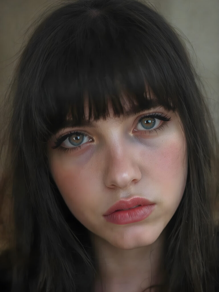 a cute, ((photo realistic)), ((teen Emo girl)), ((long, straight jet black hair, bangs)), ((melancholic sad eyes)), ((depressed)), ((bummed out)), ((disappointed)), ((large cute determined red lips)), ((dark blue eyes)), ((black eye shadows)), (((black eyelids))), ((thick black brows)), (((gothic make-up))), ((detailed face)), ((realistic face)), ((matching faces)), ((perfect teeth)), ((looking into the camera))