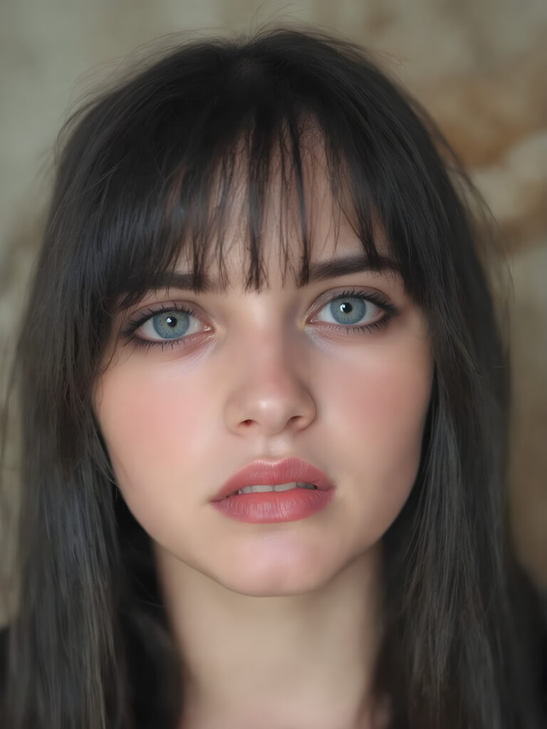 a cute, ((photo realistic)), ((teen Emo girl)), ((long, straight jet black hair, bangs)), ((melancholic sad eyes)), ((depressed)), ((bummed out)), ((disappointed)), ((large cute determined red lips)), ((dark blue eyes)), ((black eye shadows)), (((black eyelids))), ((thick black brows)), (((gothic make-up))), ((detailed face)), ((realistic face)), ((matching faces)), ((perfect teeth)), ((looking into the camera))