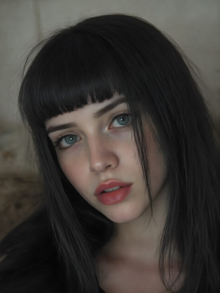 a cute, ((photo realistic)), ((teen Emo girl)), ((long, straight jet black hair, bangs)), ((melancholic sad eyes)), ((depressed)), ((bummed out)), ((disappointed)), ((large cute determined red lips)), ((dark blue eyes)), ((black eye shadows)), (((black eyelids))), ((thick black brows)), (((gothic make-up))), ((detailed face)), ((realistic face)), ((matching faces)), ((perfect teeth)), ((looking into the camera))