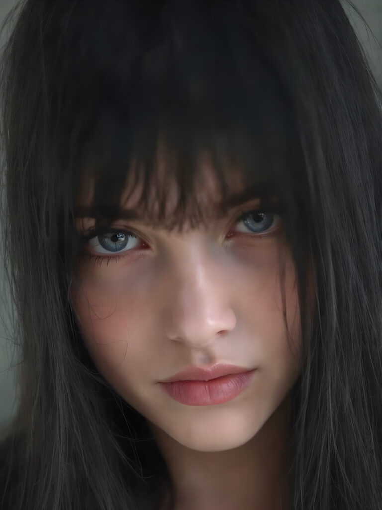 a cute, ((photo realistic)), ((realistic)), (((teen girl))), ((very long, straight jet black hair)), ((melancholic sad eyes)), ((depressed)), ((bummed out)), ((disappointed)), ((large cute determined red lips)), ((darkblue eyes)), ((black eyeshadows)), (((black eyelids))), ((thick black brows)), (((gothic make-up))), ((detailed face)), ((realistic face)), ((matching faces)), ((perfect teeth)), ((looking into the camera))