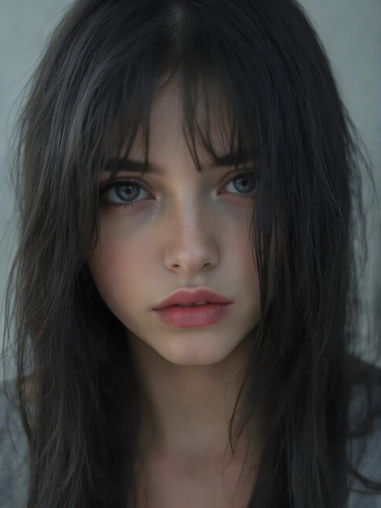 a cute, ((photo realistic)), ((teen Emo girl)), ((long, straight jet black hair, bangs)), ((melancholic sad eyes)), ((depressed)), ((bummed out)), ((disappointed)), ((large cute determined red lips)), ((dark blue eyes)), ((black eye shadows)), (((black eyelids))), ((thick black brows)), (((gothic make-up))), ((detailed face)), ((realistic face)), ((matching faces)), ((perfect teeth)), ((looking into the camera))
