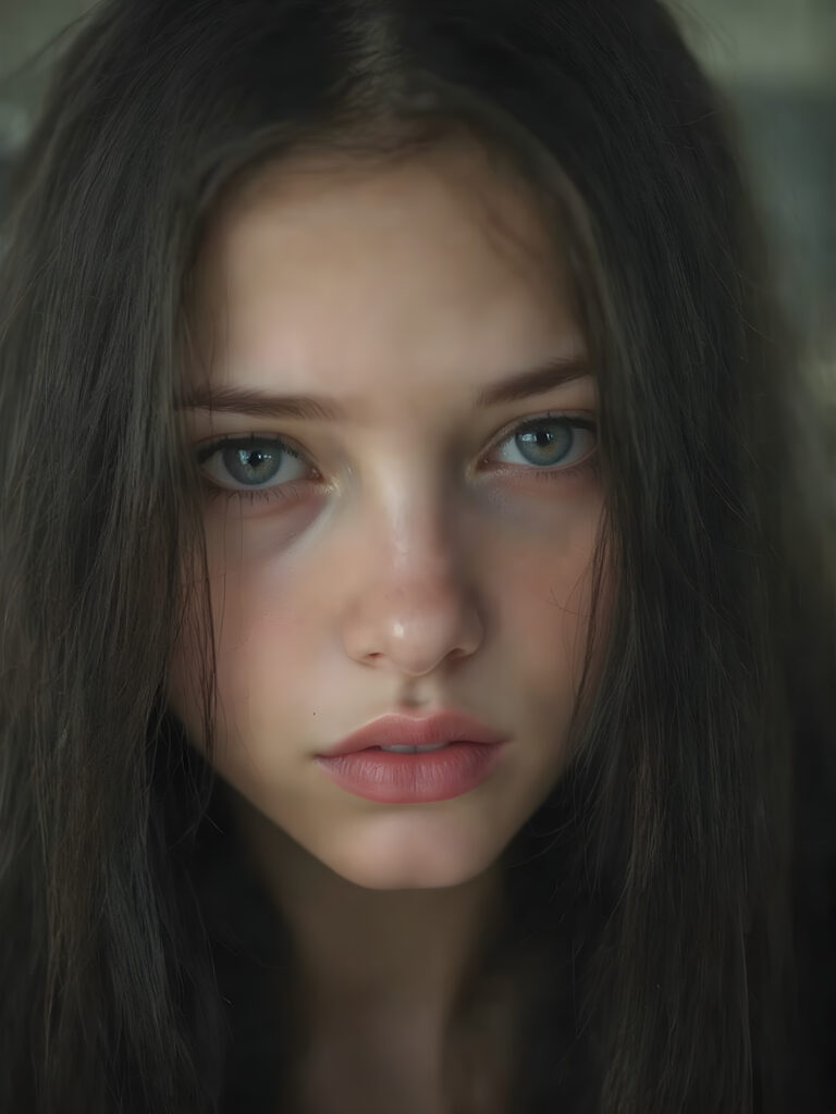 a cute, ((photo realistic)), ((teen Emo girl)), ((long, straight jet black hair, bangs)), ((melancholic sad eyes)), ((depressed)), ((bummed out)), ((disappointed)), ((large cute determined red lips)), ((dark blue eyes)), ((black eye shadows)), (((black eyelids))), ((thick black brows)), (((gothic make-up))), ((detailed face)), ((realistic face)), ((matching faces)), ((perfect teeth)), ((looking into the camera))