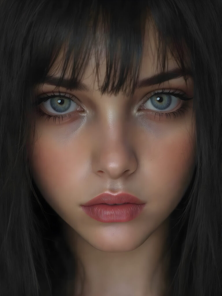 a cute, ((photo realistic)), ((realistic)), (((teen girl))), ((very long, straight jet black hair)), ((melancholic sad eyes)), ((depressed)), ((bummed out)), ((disappointed)), ((large cute determined red lips)), ((darkblue eyes)), ((black eyeshadows)), (((black eyelids))), ((thick black brows)), (((gothic make-up))), ((detailed face)), ((realistic face)), ((matching faces)), ((perfect teeth)), ((looking into the camera))
