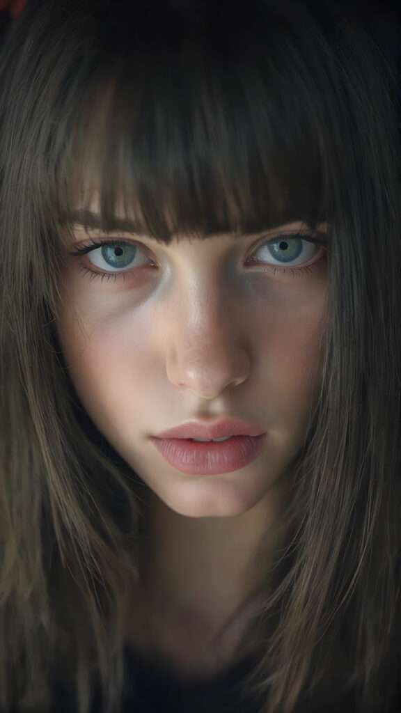 a cute, ((photo realistic)), ((innocent teen Emo girl)), ((long, straight jet black hair, bangs)), ((melancholic sad eyes)), ((depressed)), ((bummed out)), ((disappointed)), ((large cute determined red lips)), ((dark blue eyes)), ((black eye shadows)), (((black eyelids))), ((thick black brows)), (((gothic make-up))), ((detailed face)), ((realistic face)), ((matching faces)), ((perfect teeth)), ((looking into the camera))