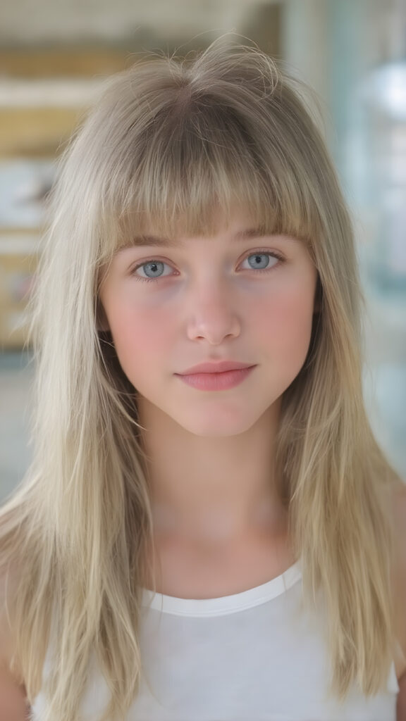 a (((cute school teen girl))) with (((long, straight, soft blonde hair))), styled in sleek bangs, wearing a ((white tank top)), looking directly at the camera for a portrait shot. Her expression exudes warmth and confidence. The setting is vividly captured, with natural lighting casting a soft glow. Her focus on the camera is perfectly framed, achieving highly detailed and hyper-realistic skin texture. The image perfectly captures her beautiful female-inspired style, embodying a modern and fashionable aesthetic
