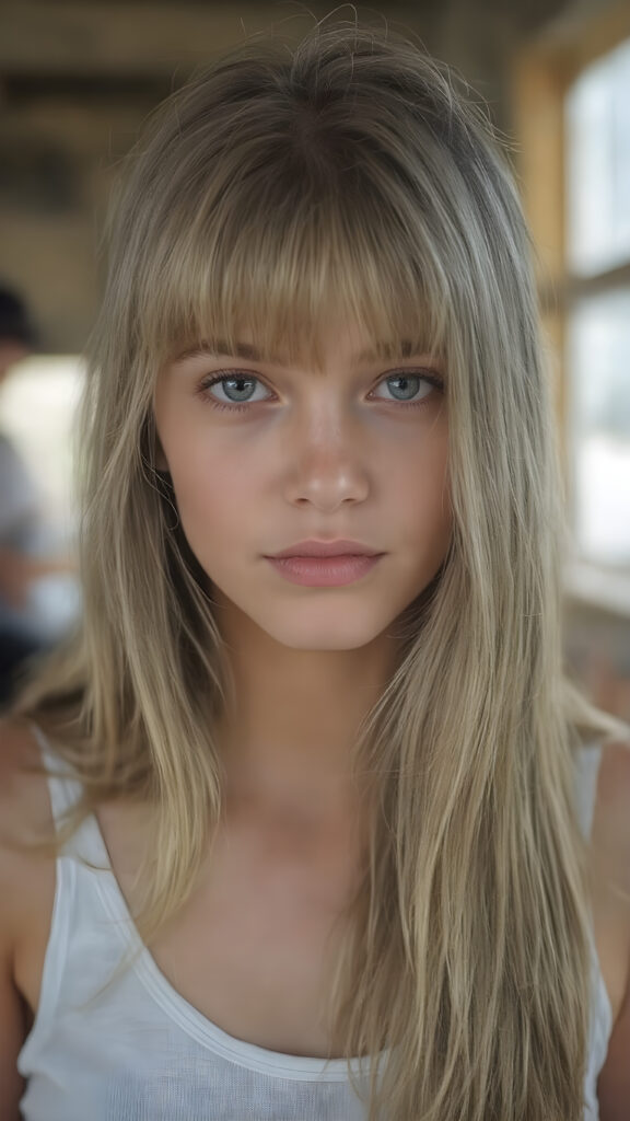 a (((cute school teen girl))) with (((long, straight, soft blonde hair))), styled in sleek bangs, wearing a ((white tank top)), looking directly at the camera for a portrait shot. Her expression exudes warmth and confidence. The setting is vividly captured, with natural lighting casting a soft glow. Her focus on the camera is perfectly framed, achieving highly detailed and hyper-realistic skin texture. The image perfectly captures her beautiful female-inspired style, embodying a modern and fashionable aesthetic