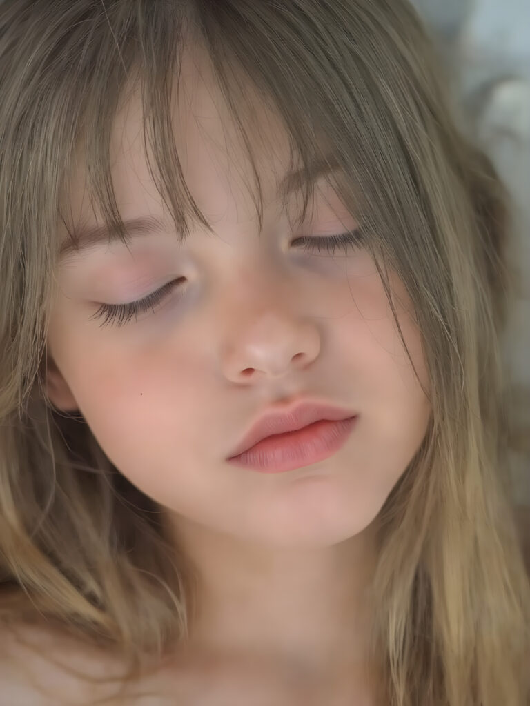 a cute sleeping teen girl, straight hair, full lips, (the picture radiates a pleasant calm and contentment), detailed