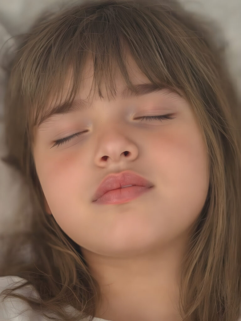 a cute sleeping teen girl, straight hair, full lips, (the picture radiates a pleasant calm and contentment), detailed
