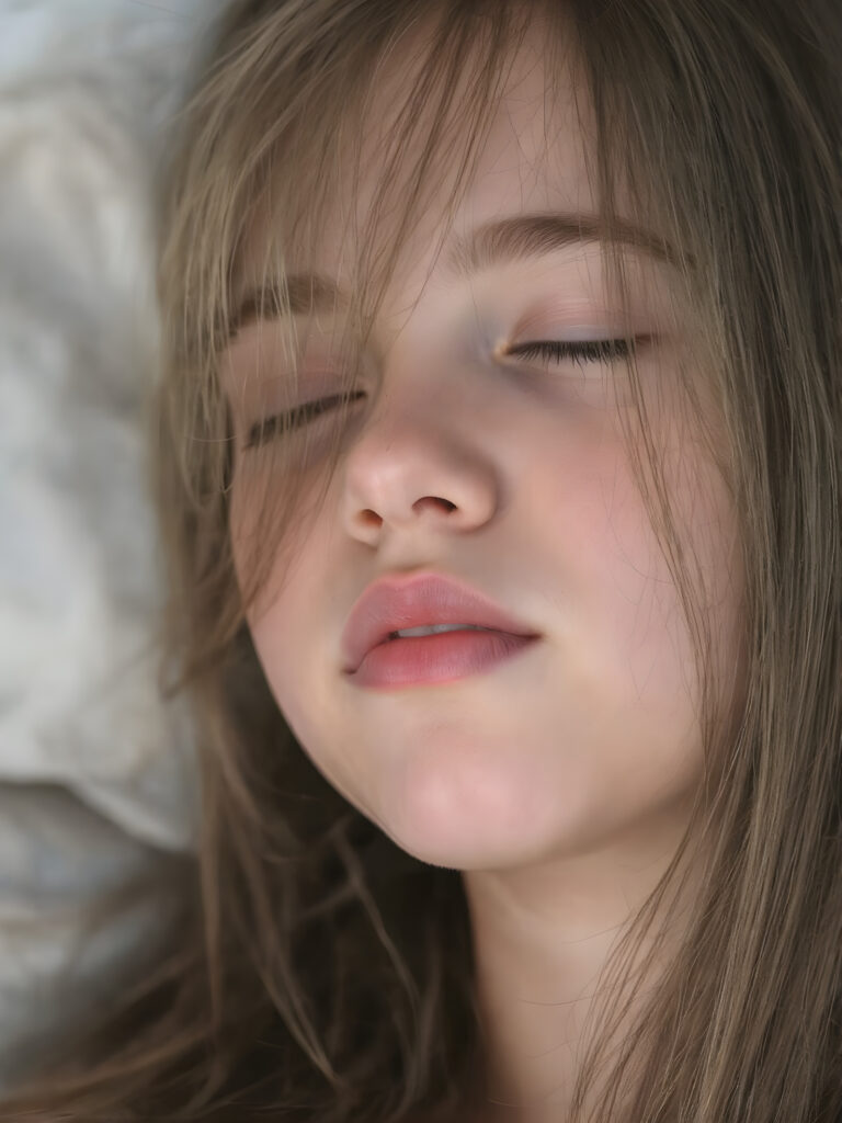 a cute sleeping teen girl, straight hair, full lips, (the picture radiates a pleasant calm and contentment), detailed