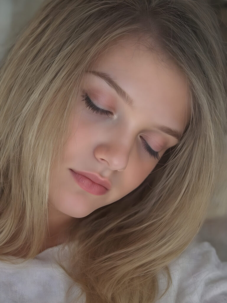 a cute sleeping teen girl, straight hair, full lips, (the picture radiates a pleasant calm and contentment), detailed