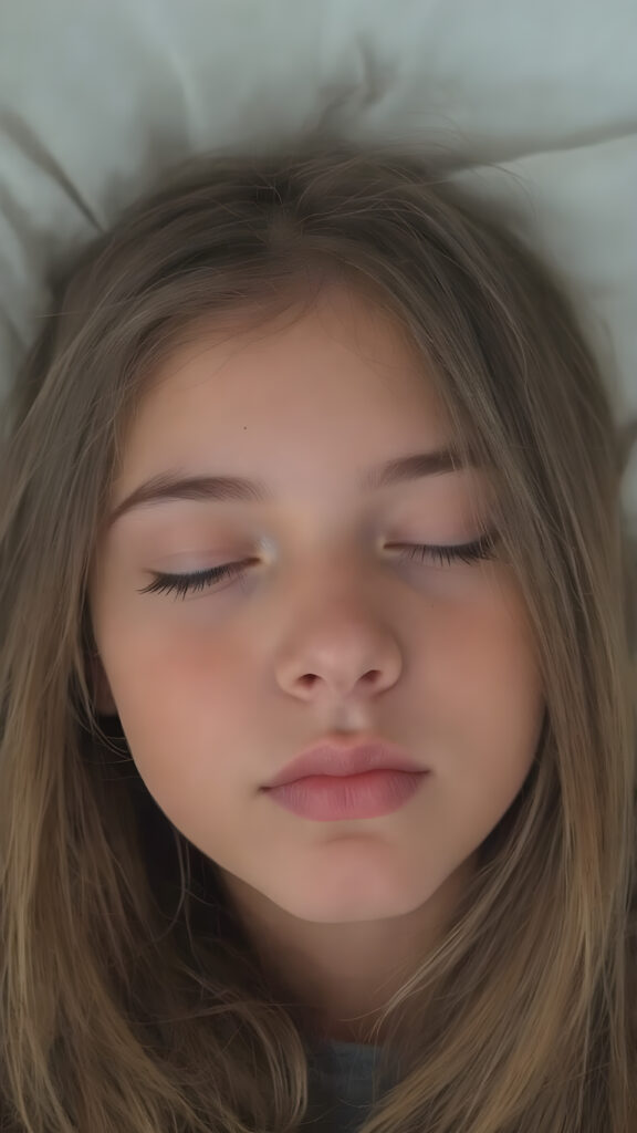 a cute sleeping teen girl, straight hair, full lips