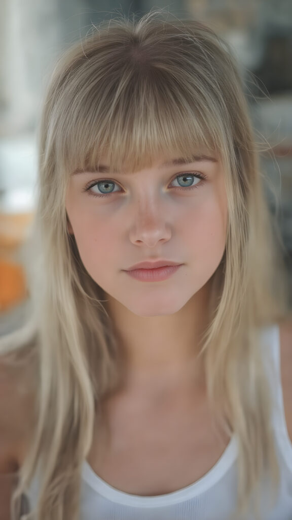 a (((cute teen girl))) with (((long, straight, soft blonde hair))), styled in sleek bangs, wearing a ((white tank top)), looking directly at the camera for a portrait shot. Her expression exudes warmth and confidence. The setting is vividly captured, with natural lighting casting a soft glow. Her focus on the camera is perfectly framed, achieving highly detailed and hyper-realistic skin texture. The image perfectly captures her beautiful female-inspired style, embodying a modern and fashionable aesthetic