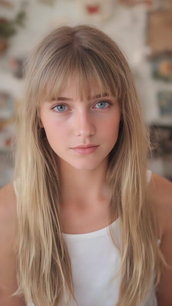 a (((cute teen girl))) with (((long, straight, soft blonde hair))), styled in sleek bangs, wearing a ((white tank top)), looking directly at the camera for a portrait shot. Her expression exudes warmth and confidence. The setting is vividly captured, with natural lighting casting a soft glow. Her focus on the camera is perfectly framed, achieving highly detailed and hyper-realistic skin texture. The image perfectly captures her beautiful female-inspired style, embodying a modern and fashionable aesthetic