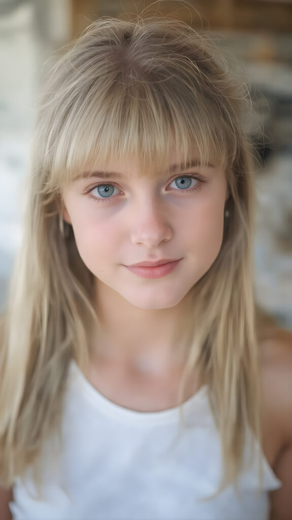 a (((cute teen girl))) with (((long, straight, soft blonde hair))), styled in sleek bangs, wearing a ((white tank top)), looking directly at the camera for a portrait shot. Her expression exudes warmth and confidence. The setting is vividly captured, with natural lighting casting a soft glow. Her focus on the camera is perfectly framed, achieving highly detailed and hyper-realistic skin texture. The image perfectly captures her beautiful female-inspired style, embodying a modern and fashionable aesthetic