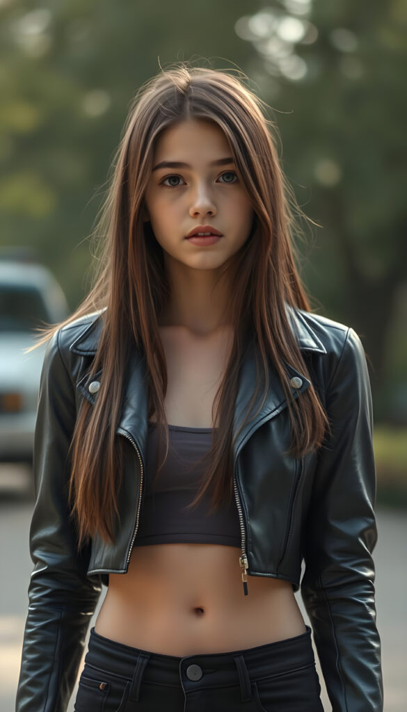 a cute teen girl, best quality, masterpiece, ultra high resolution, photo realistic, detailed skin, ((black short open aviator leather jacket, (underneath, she wears a light, thin tank top that emphasizes her perfect feminine body)), (long straight brown hair falls down in the same length right and left), you can see her cute belly button, black denim jeans pants