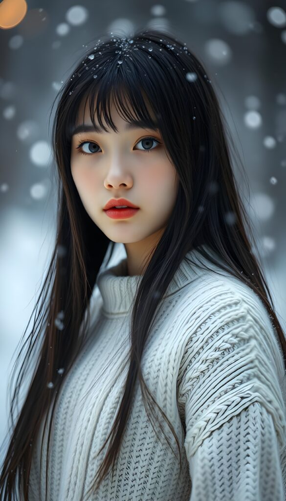 a cute teen girl, longs straight black hair, round face, full lips, is standing in falling snow, wears a white sweater made of fine wool