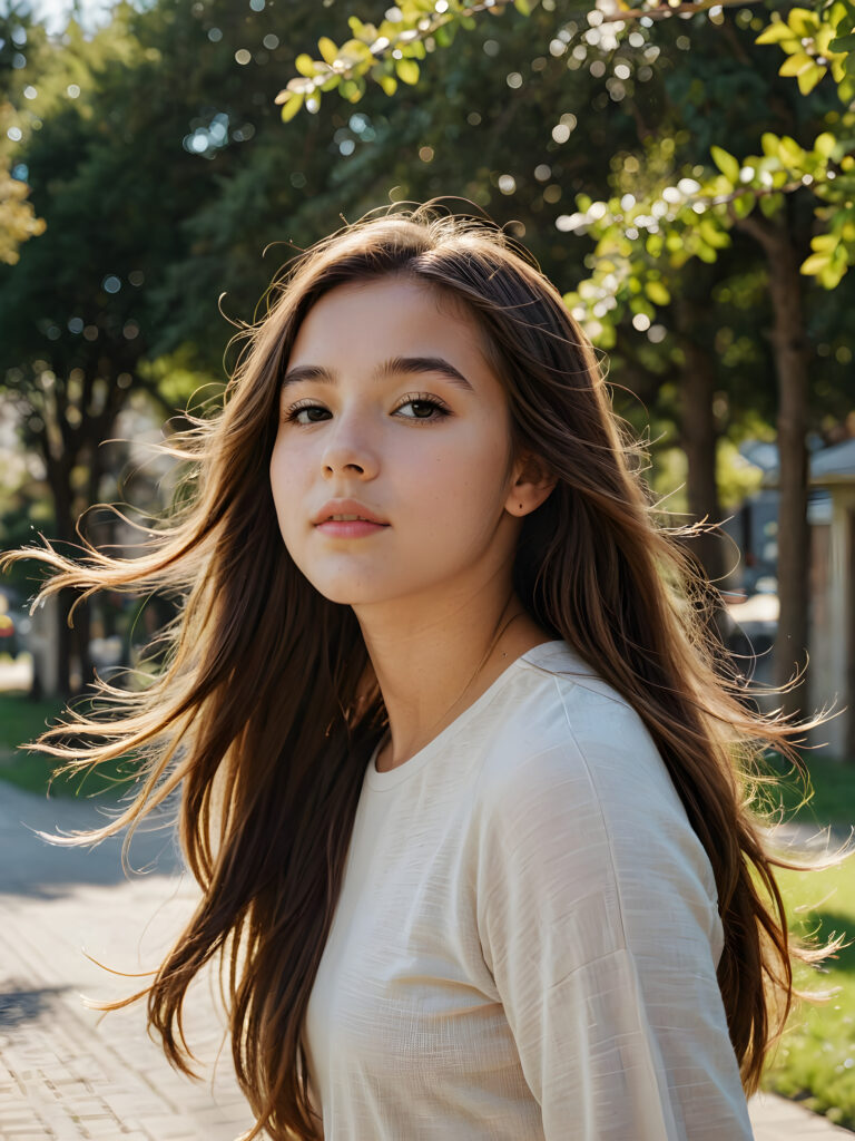 a cute teen girl, long straight hair blowing in the wind, perfect shadows and contrasts support the image