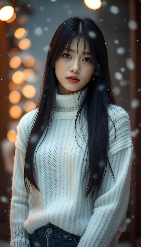 a cute teen girl, longs straight black hair, round face, full lips, is standing in falling snow, wears a white sweater made of fine wool