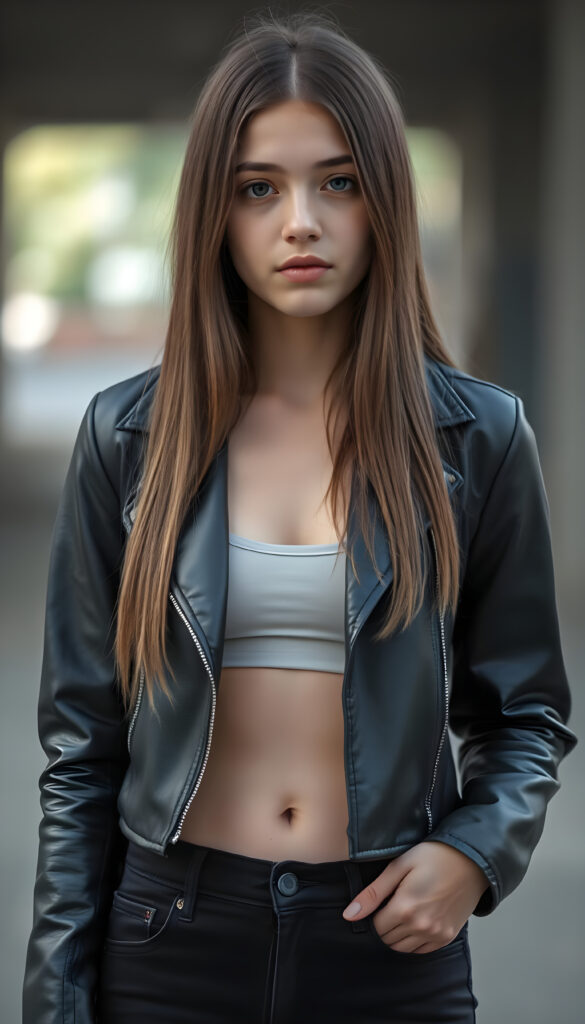 a cute teen girl, best quality, masterpiece, ultra high resolution, photo realistic, detailed skin, ((black short open aviator leather jacket, (underneath, she wears a light, thin tank top that emphasizes her perfect feminine body)), (long straight brown hair falls down in the same length right and left), you can see her cute belly button, black denim jeans pants