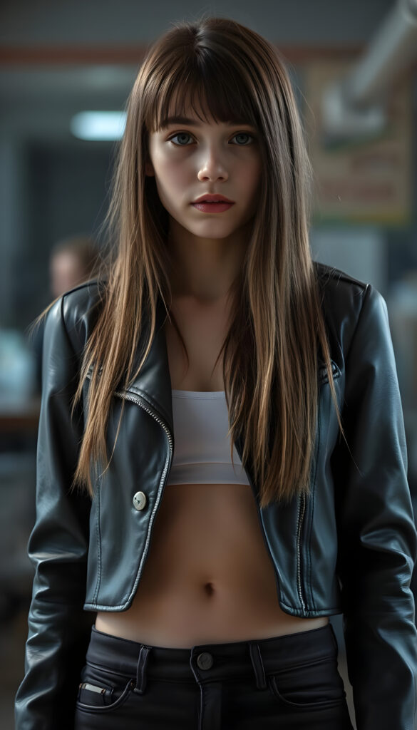 a cute teen girl, best quality, masterpiece, ultra high resolution, photo realistic, detailed skin, ((black short open aviator leather jacket, (underneath, she wears a light, thin tank top that emphasizes her perfect feminine body)), (long straight brown hair falls down in the same length right and left), you can see her cute belly button, black denim jeans pants
