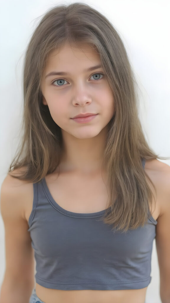a cute teen girl in a lifting cropped tank top, straight hair