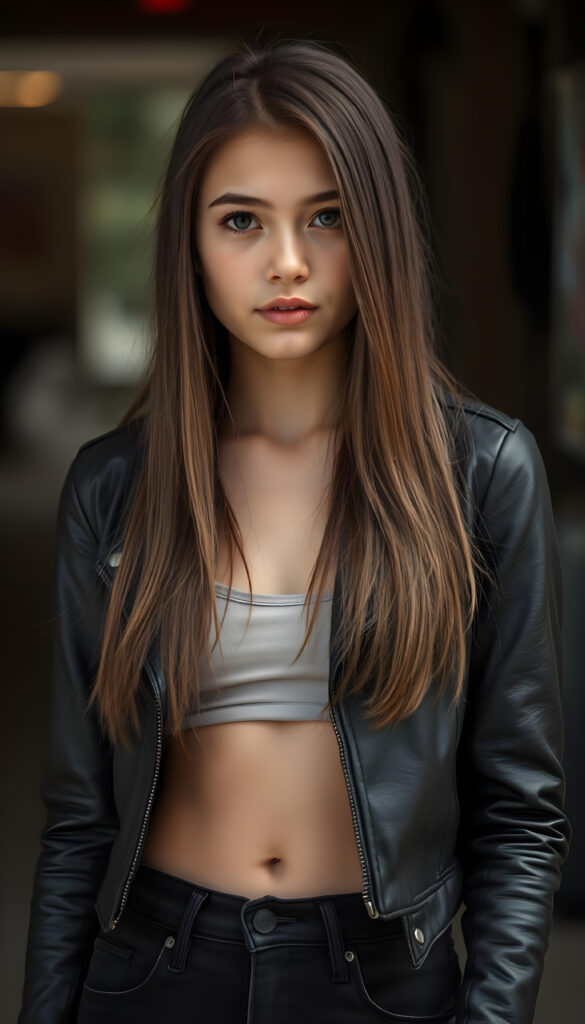 a cute teen girl, best quality, masterpiece, ultra high resolution, photo realistic, detailed skin, ((black short open aviator leather jacket, (underneath, she wears a light, thin tank top that emphasizes her perfect feminine body)), (long straight brown hair falls down in the same length right and left), you can see her cute belly button, black denim jeans pants