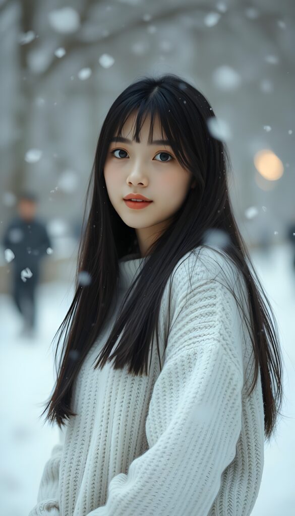 a cute teen girl, longs straight black hair, round face, full lips, is standing in falling snow, wears a white sweater made of fine wool