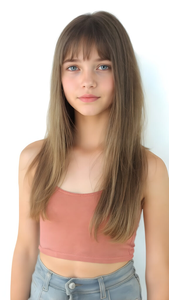 a cute teen girl in a lifting cropped tank top, straight hair