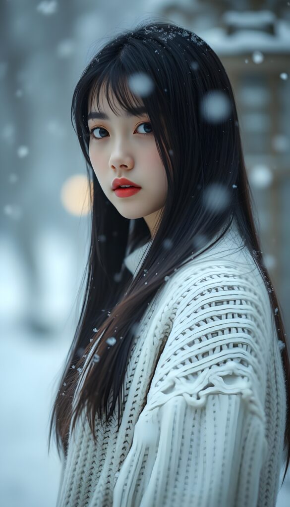 a cute teen girl, longs straight black hair, round face, full lips, is standing in falling snow, wears a white sweater made of fine wool