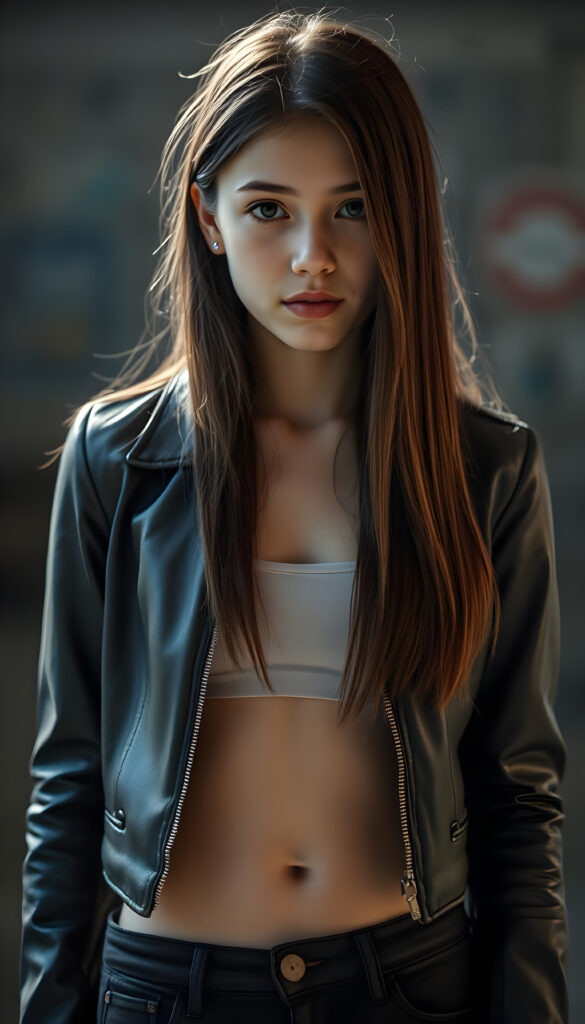 a cute teen girl, best quality, masterpiece, ultra high resolution, photo realistic, detailed skin, ((black short open aviator leather jacket, (underneath, she wears a light, thin tank top that emphasizes her perfect feminine body)), (long straight brown hair falls down in the same length right and left), you can see her cute belly button, black denim jeans pants