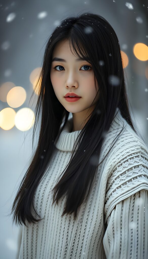 a cute teen girl, longs straight black hair, round face, full lips, is standing in falling snow, wears a white sweater made of fine wool