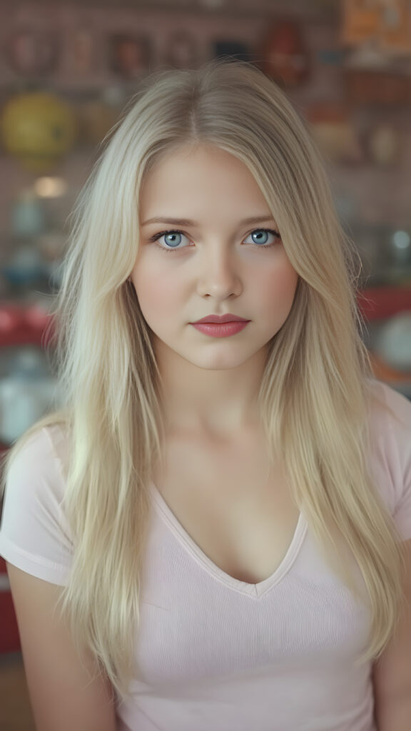 a cute well busty teen girl, soft straight very long light blond jet hair, full kissable lips, ((light pink plain cropped top with deep v-neck)), perfect curved body, light blue eyes, detailed round face, in a vintage salon, 1970s style
