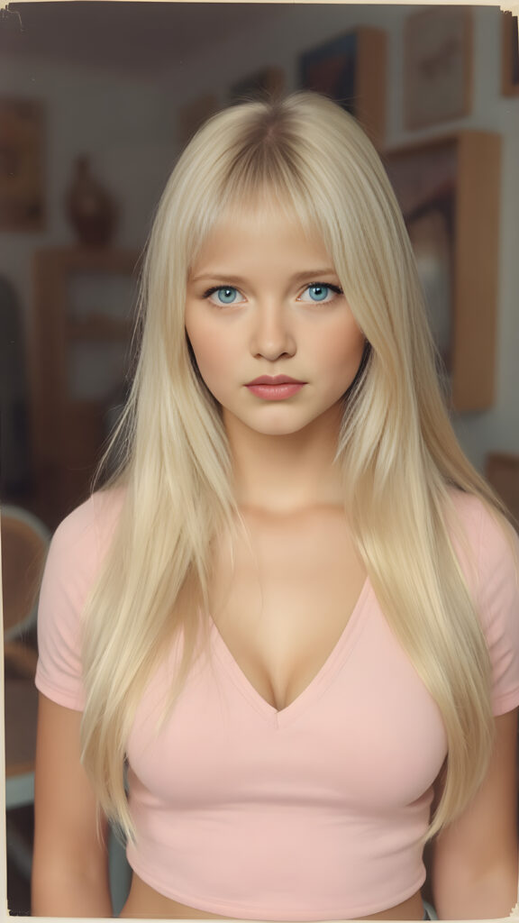 a cute well busty teen girl, soft straight very long light blond jet hair, full kissable lips, ((light pink plain cropped top with deep v-neck)), perfect curved body, light blue eyes, detailed round face, in a vintage salon, 1970s style