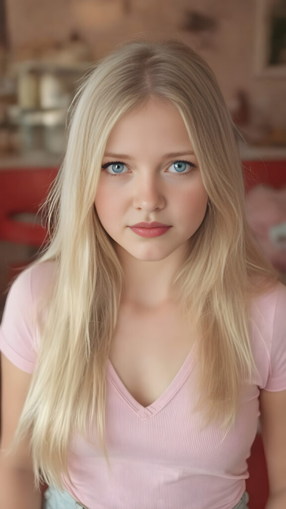 a cute well busty teen girl, soft straight very long light blond jet hair, full kissable lips, ((light pink plain cropped top with deep v-neck)), perfect curved body, light blue eyes, detailed round face, in a vintage salon, 1970s style