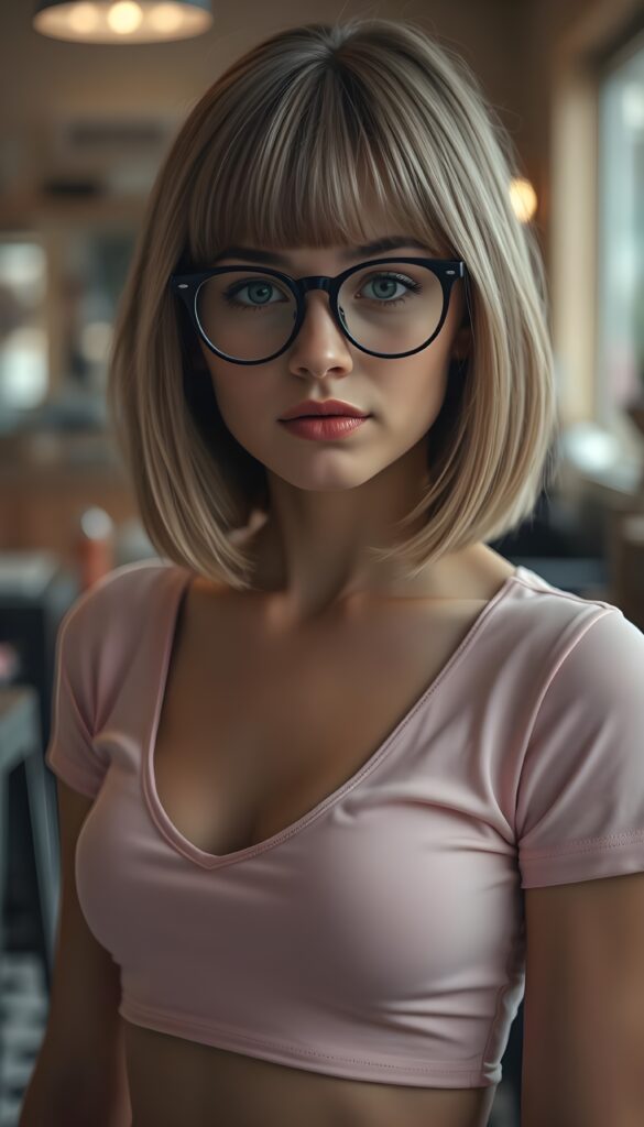 a cute well busty school girl, soft straight light blond jet hair and light brown highlights, shoulder length bob cut, bangs frame her round face, full kissable lips, ((light pink plain cropped top with deep v-neck)), perfect curved body, light blue eyes, black glasses, she is in a vintage salon, 1970s style. Cute round small navel.