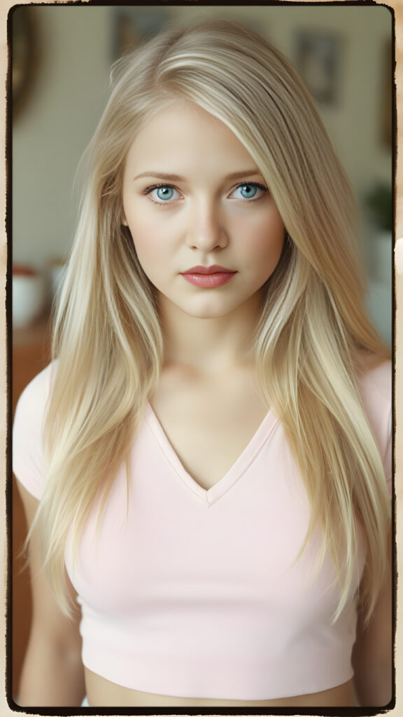 a cute well busty teen girl, soft straight very long light blond jet hair, full kissable lips, ((light pink plain cropped top with deep v-neck)), perfect curved body, light blue eyes, detailed round face, in a vintage salon, 1970s style