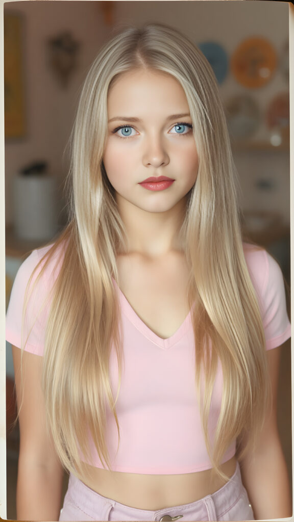 a cute well busty teen girl, soft straight very long light blond jet hair, full kissable lips, ((light pink plain cropped top with deep v-neck)), perfect curved body, light blue eyes, detailed round face, in a vintage salon, 1970s style