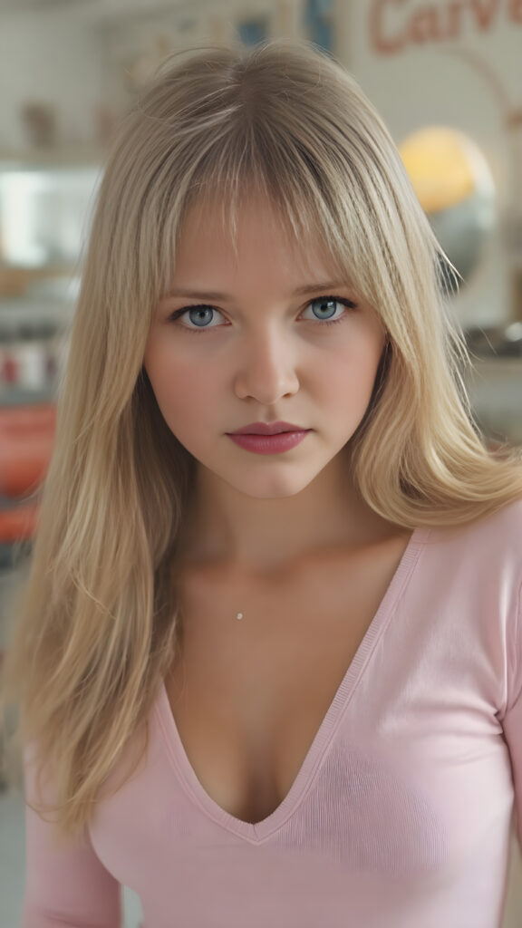 a cute well busty teen girl, soft straight very long light blond jet hair, full kissable lips, ((light pink plain cropped top with deep v-neck)), perfect curved body, light blue eyes, detailed round face, in a vintage salon, 1970s style