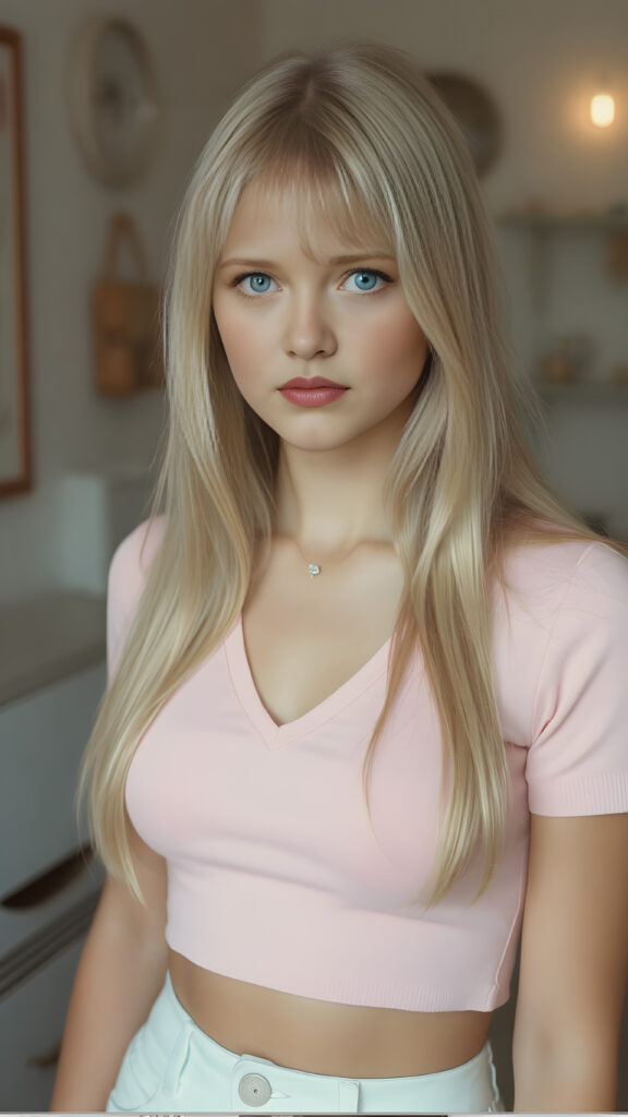 a cute well busty teen girl, soft straight very long light blond jet hair, full kissable lips, ((light pink plain cropped top with deep v-neck)), perfect curved body, light blue eyes, detailed round face, in a vintage salon, 1970s style