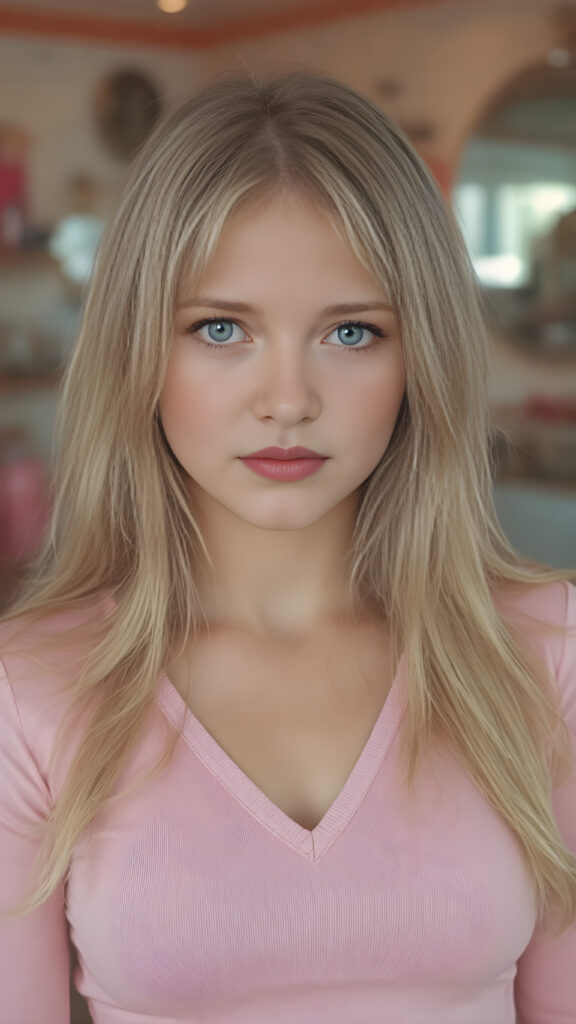 a cute well busty teen girl, soft straight very long light blond jet hair, full kissable lips, ((light pink plain cropped top with deep v-neck)), perfect curved body, light blue eyes, detailed round face, in a vintage salon, 1970s style