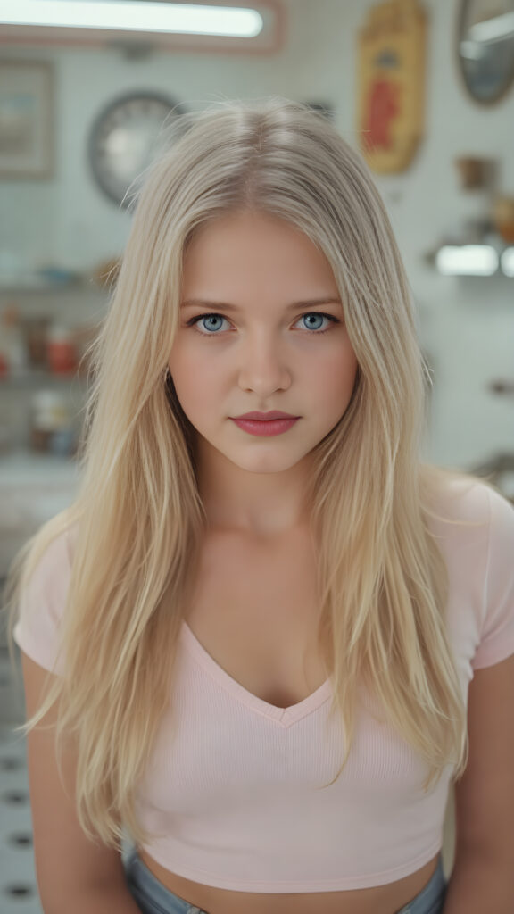 a cute well busty teen girl, soft straight very long light blond jet hair, full kissable lips, ((light pink plain cropped top with deep v-neck)), perfect curved body, light blue eyes, detailed round face, in a vintage salon, 1970s style
