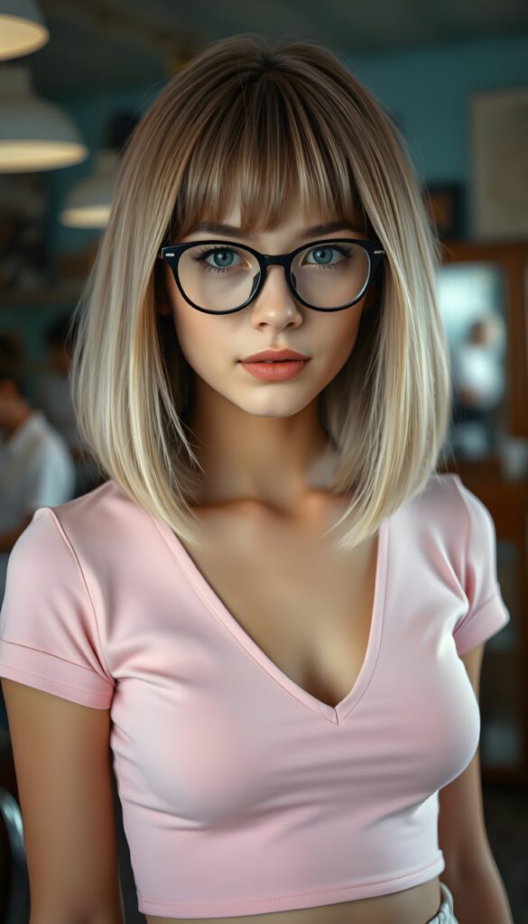 a cute well busty school girl, soft straight light blond jet hair and light brown highlights, shoulder length bob cut, bangs frame her round face, full kissable lips, ((light pink plain cropped top with deep v-neck)), perfect curved body, light blue eyes, black glasses, she is in a vintage salon, 1970s style. Cute round small navel.