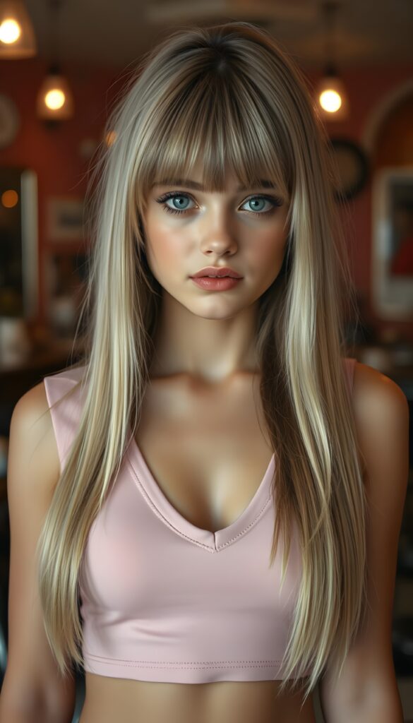 a cute well busty teen girl, soft straight very long light blond jet hair and light brown highlights, bangs frame her round face, full kissable lips, ((light pink plain cropped top with deep v-neck)), perfect curved body, light blue eyes, in a vintage salon, 1970s style. Cute round small navel.
