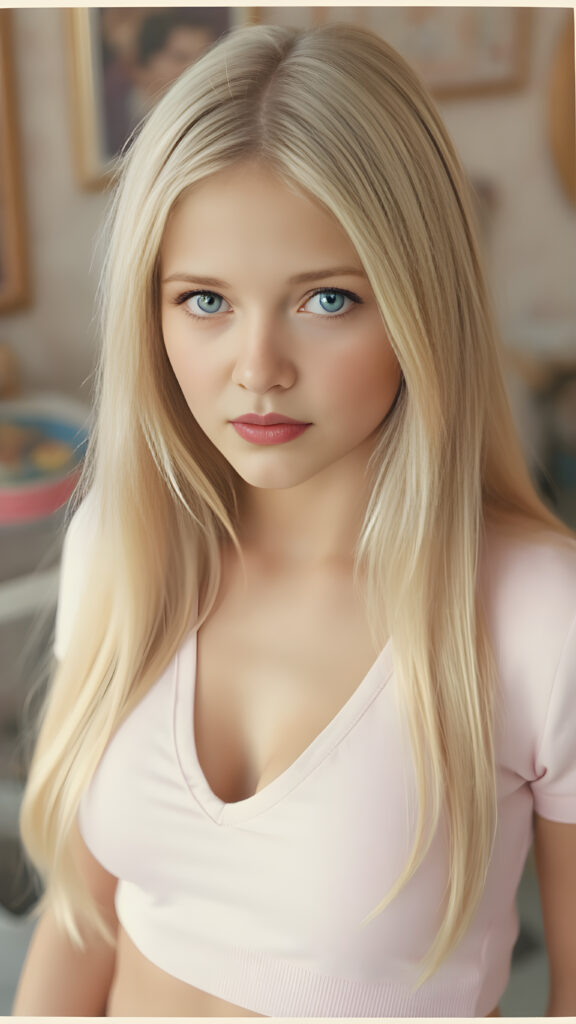 a cute well busty teen girl, soft straight very long light blond jet hair, full kissable lips, ((light pink plain cropped top with deep v-neck)), perfect curved body, light blue eyes, detailed round face, in a vintage salon, 1970s style